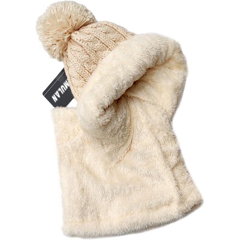 Women's beige fleece lined beanie scarf set with pom pom