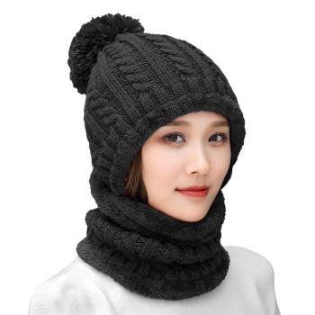 Women's Winter Fleece Lined Beanie Balaclava Scarf Set - Pom Pom Black