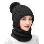 Women's Winter Fleece Lined Beanie Balaclava Scarf Set - Pom Pom Black