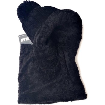 Women's Winter Fleece Lined Beanie Balaclava Scarf Set - Pom Pom Black