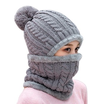 Women's Fleece Lined One Piece Beanie Scarf Set - Gray