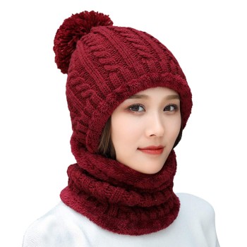 Women's Fleece Lined One-Piece Beanie & Scarf Set - Wine Red