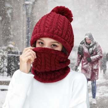 Women's Fleece Lined One-Piece Beanie & Scarf Set - Wine Red