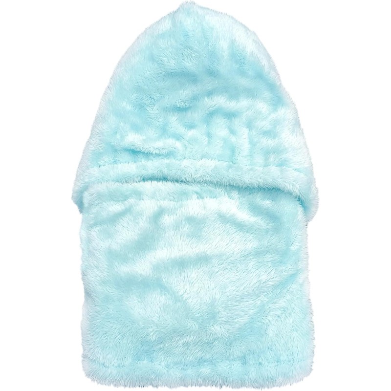 Woman wearing a fleece lined one piece beanie scarf in snowy winter scene