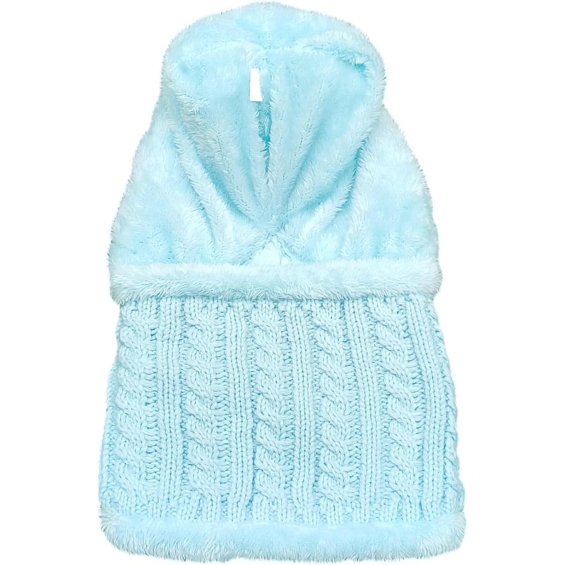 Woman wearing a fleece lined one piece beanie scarf in snowy winter scene
