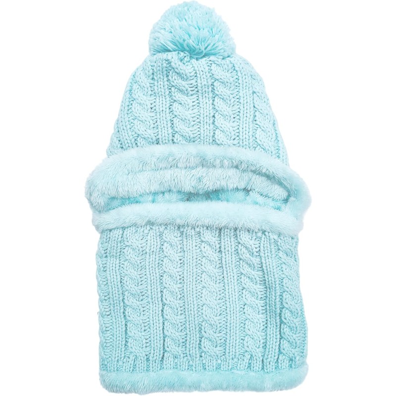 Woman wearing a fleece lined one piece beanie scarf in snowy winter scene