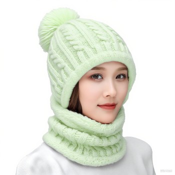 Women's Fleece Lined Knit Balaclava Set - One Piece Beanie Scarf, Light Green Winter Hat