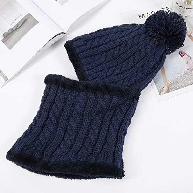 Women's navy fleece-lined beanie and scarf set