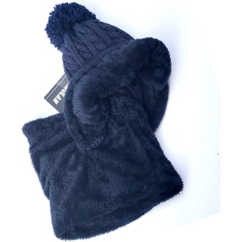 Women's One-Piece Fleece Lined Winter Beanie & Scarf Set - Navy Women's One-Piece Fleece Lined Winter Beanie & Scarf Set - Navy