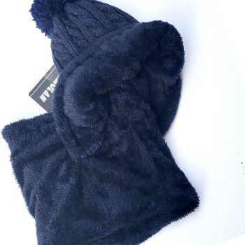 Women's One-Piece Fleece Lined Winter Beanie & Scarf Set - Navy