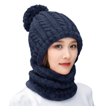 Women's One-Piece Fleece Lined Winter Beanie & Scarf Set - Navy