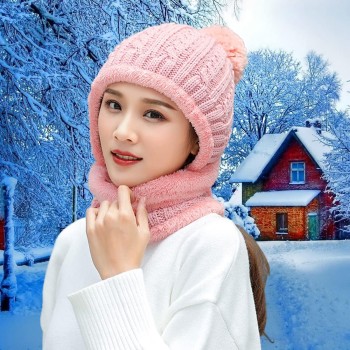 Women's One-Piece Fleece Lined Winter Beanie & Scarf - Pink Pom Pom