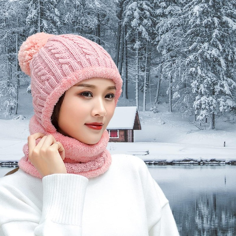 Pink Pom Pom Fleece Lined Beanie & Scarf Set Women's pink pom pom fleece lined beanie and scarf set for winter