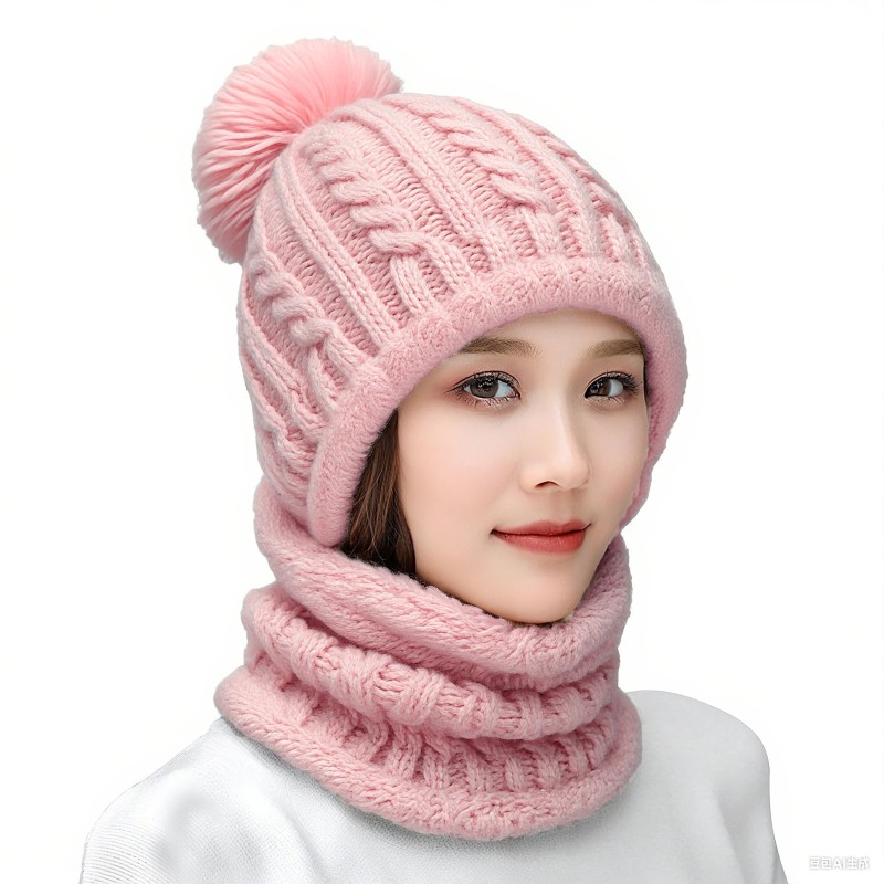 Pink Pom Pom Fleece Lined Beanie & Scarf Set Women's pink pom pom fleece lined beanie and scarf set for winter