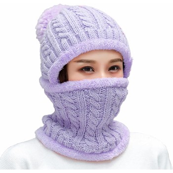 Women's One-Piece Fleece Lined Knit Beanie & Scarf Set - Light Purple Ski Pom-Pom Hat Women's One-Piece Fleece Lined Knit Beanie & Scarf Set - Light Purple Ski Pom-Pom Hat