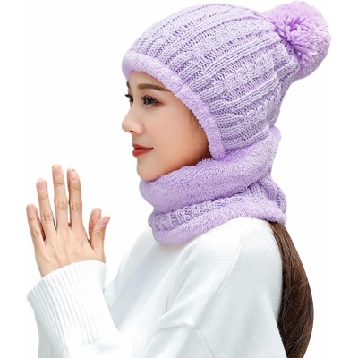 Women's Light Purple Ski Pom-Pom Beanie & Scarf Set Women's light purple fleece lined knit beanie and scarf set with pom-pom