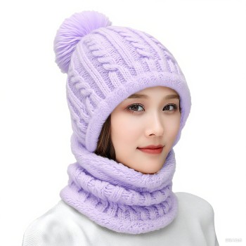Women's One-Piece Fleece Lined Knit Beanie & Scarf Set - Light Purple Ski Pom-Pom Hat