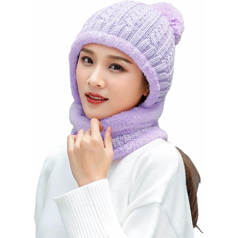 Women's Light Purple Ski Pom-Pom Beanie & Scarf Set Women's light purple fleece lined knit beanie and scarf set with pom-pom