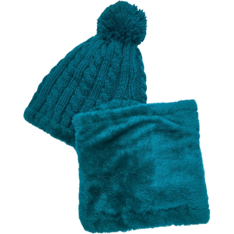 Teal fleece-lined knit beanie and scarf set with pom pom for women