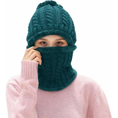 Teal fleece-lined knit beanie and scarf set with pom pom for women