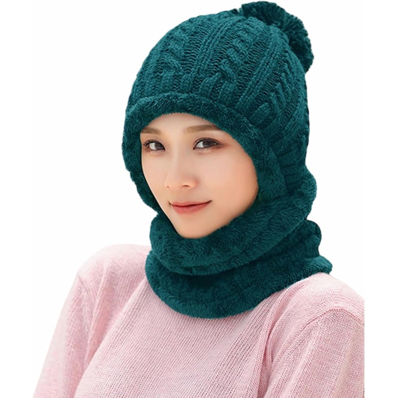 Teal fleece-lined knit beanie and scarf set with pom pom for women