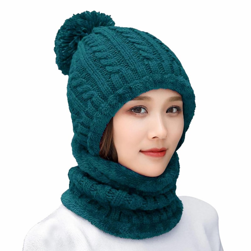 Teal fleece-lined knit beanie and scarf set with pom pom for women