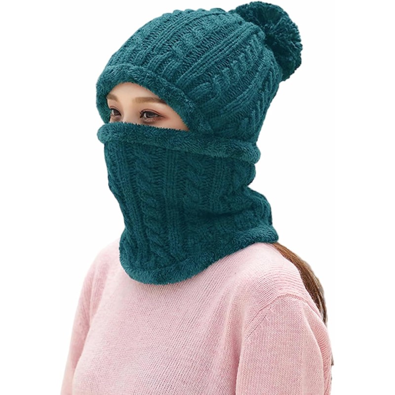 Teal fleece-lined knit beanie and scarf set with pom pom for women