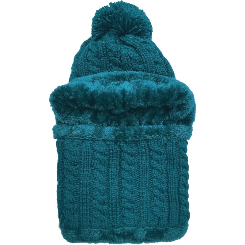 Teal fleece-lined knit beanie and scarf set with pom pom for women