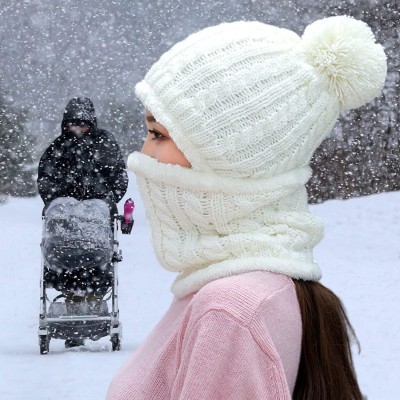 Women's cream white fleece lined knit beanie and scarf set with pompom