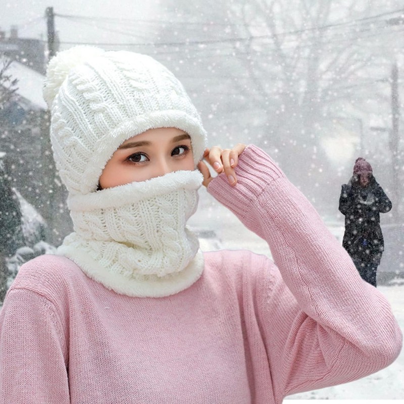 Women's cream white fleece lined knit beanie and scarf set with pompom