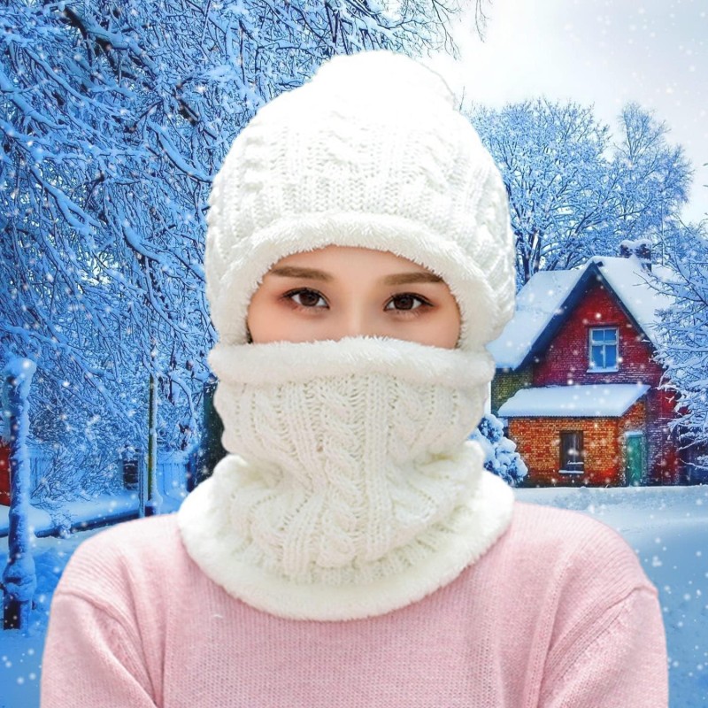 Women's cream white fleece lined knit beanie and scarf set with pompom