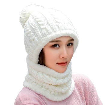 Women's Winter Fleece Lined Knit Beanie & Scarf Set with Pompom - Cream White