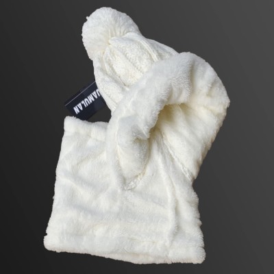 Women's cream white fleece lined knit beanie and scarf set with pompom