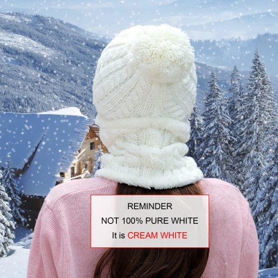 Women's cream white fleece lined knit beanie and scarf set with pompom