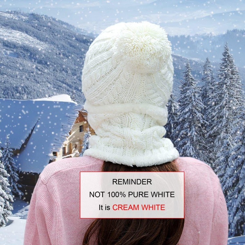 Women's cream white fleece lined knit beanie and scarf set with pompom