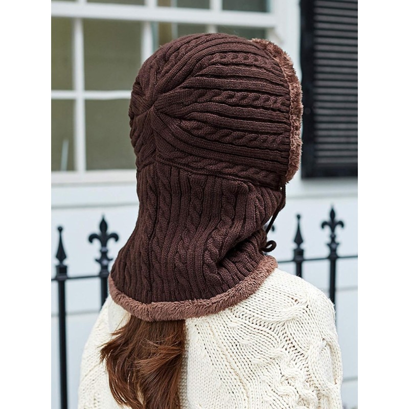 Medium Coffee Fleece Lined Balaclava Beanie with Pom Pom for Skiing