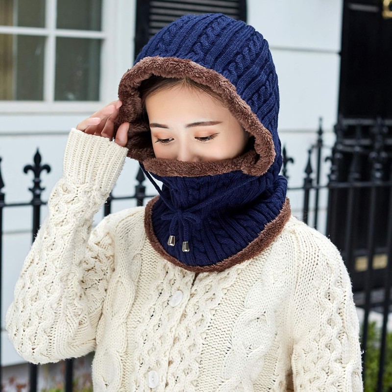 Medium Navy Women's Knit Fleece Lined Winter Balaclava Beanie with Pom Pom