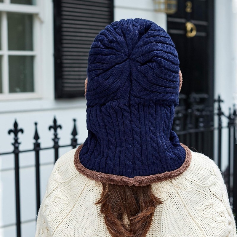 Medium Navy Women's Knit Fleece Lined Winter Balaclava Beanie with Pom Pom