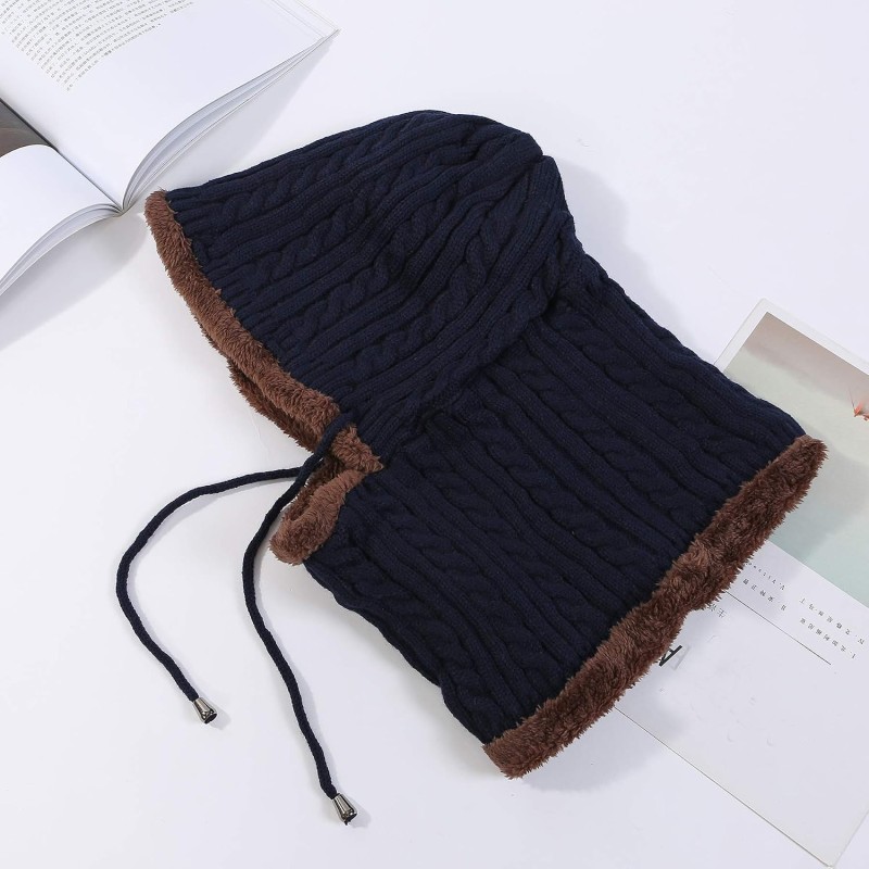 Medium Navy Women's Knit Fleece Lined Winter Balaclava Beanie with Pom Pom
