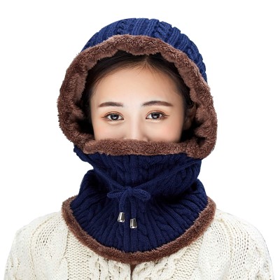 Medium Navy Women's Knit Fleece Lined Winter Balaclava Beanie with Pom Pom
