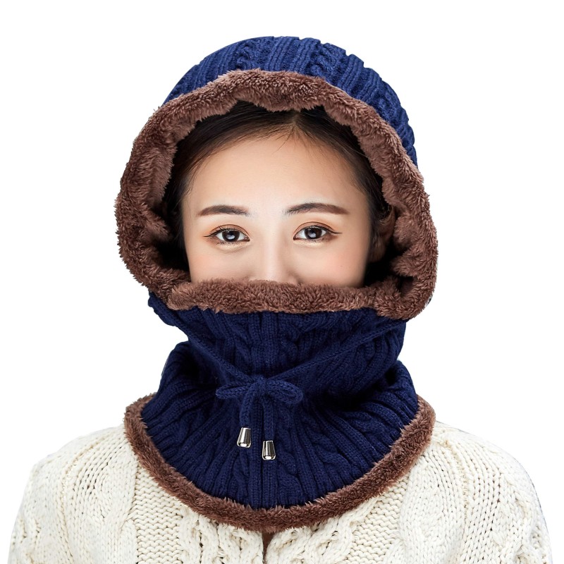 Medium Navy Women's Knit Fleece Lined Winter Balaclava Beanie with Pom Pom