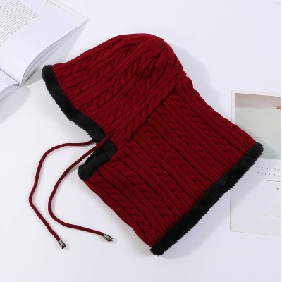 Women's red winter fleece lined knit balaclava beanie with pom pom ski snow hat