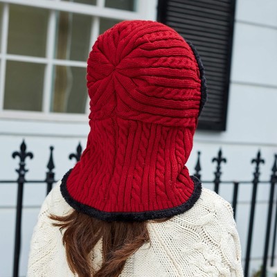 Women's red winter fleece lined knit balaclava beanie with pom pom ski snow hat