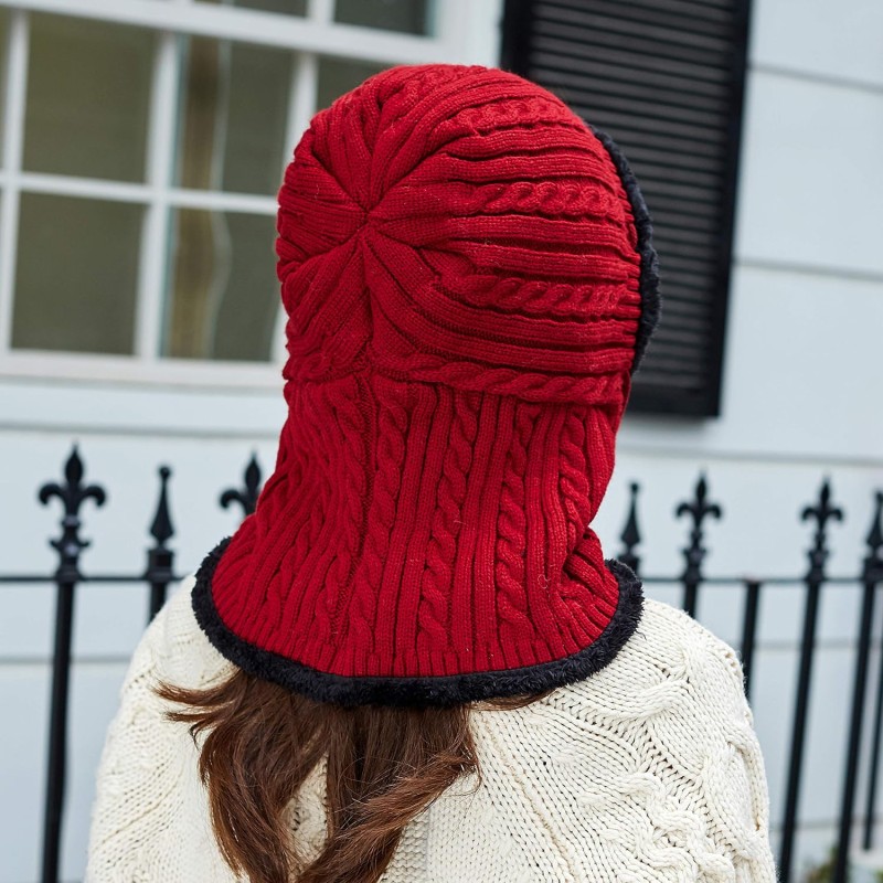 Women's red winter fleece lined knit balaclava beanie with pom pom ski snow hat