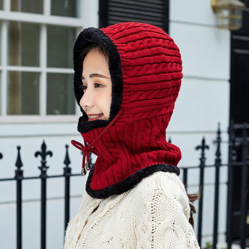 Women's red winter fleece lined knit balaclava beanie with pom pom ski snow hat
