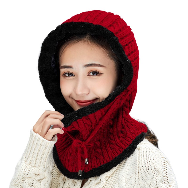 Women's red winter fleece lined knit balaclava beanie with pom pom ski snow hat