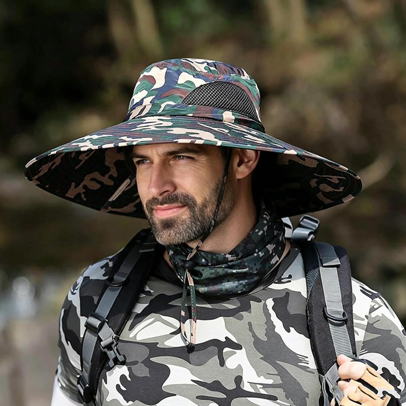 UPF 50+ wide brim bucket sun hat for men and women, ideal for fishing and hiking