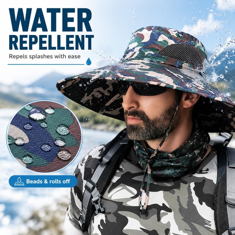 UPF 50+ wide brim bucket sun hat for men and women, ideal for fishing and hiking