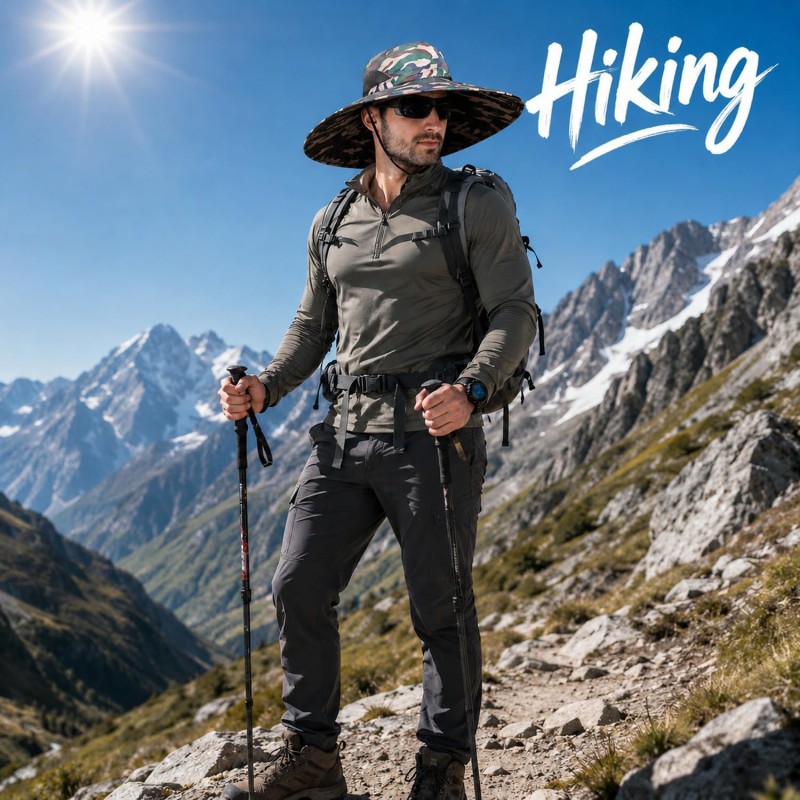 UPF 50+ wide brim bucket sun hat for men and women, ideal for fishing and hiking