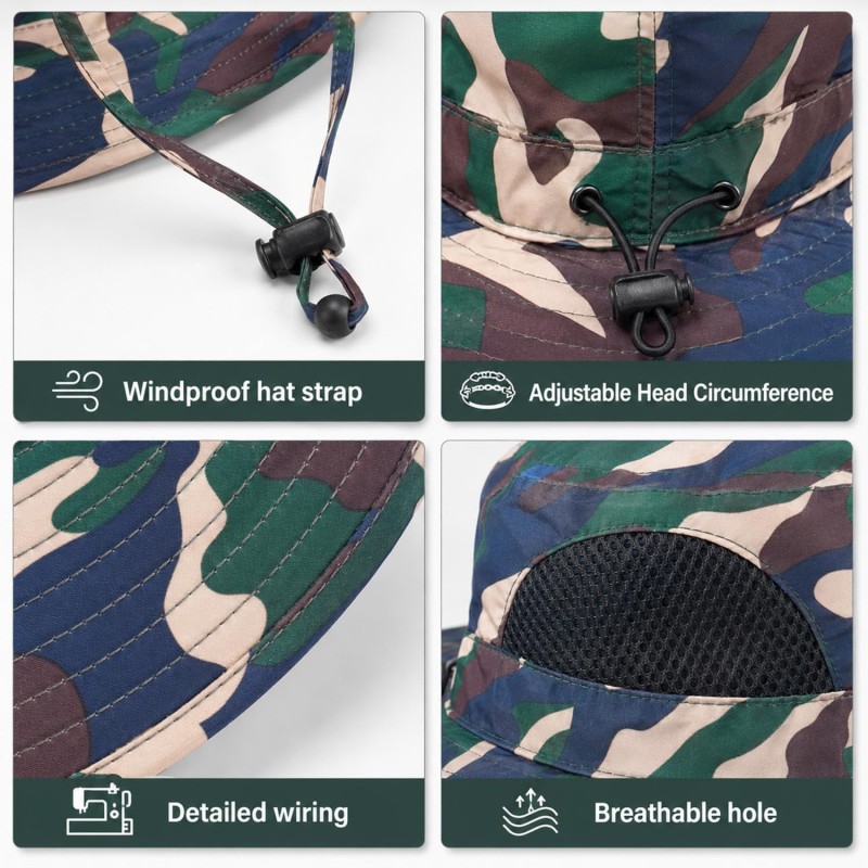 UPF 50+ wide brim bucket sun hat for men and women, ideal for fishing and hiking